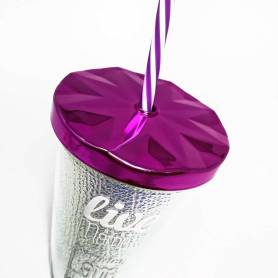 Bicchiere di plastica effetto olografico con coperchio e cannuccia