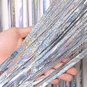 Tenda frange effetto glitter iridescente argento